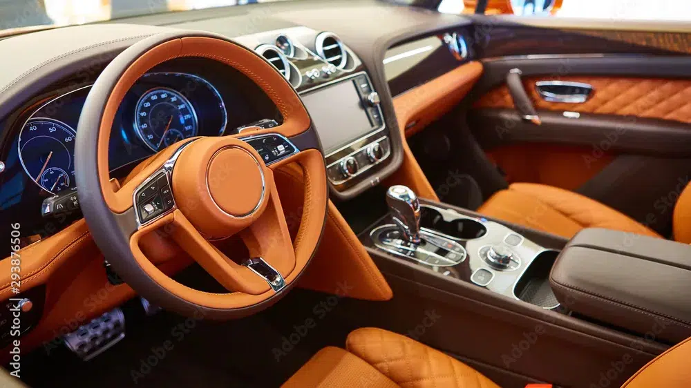 Brown leather interior of a luxury car